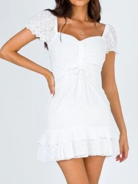 Princess Polly Mikail Mini Dress White Size 4 | Preppy Summer Puff Sleeve Ruffle